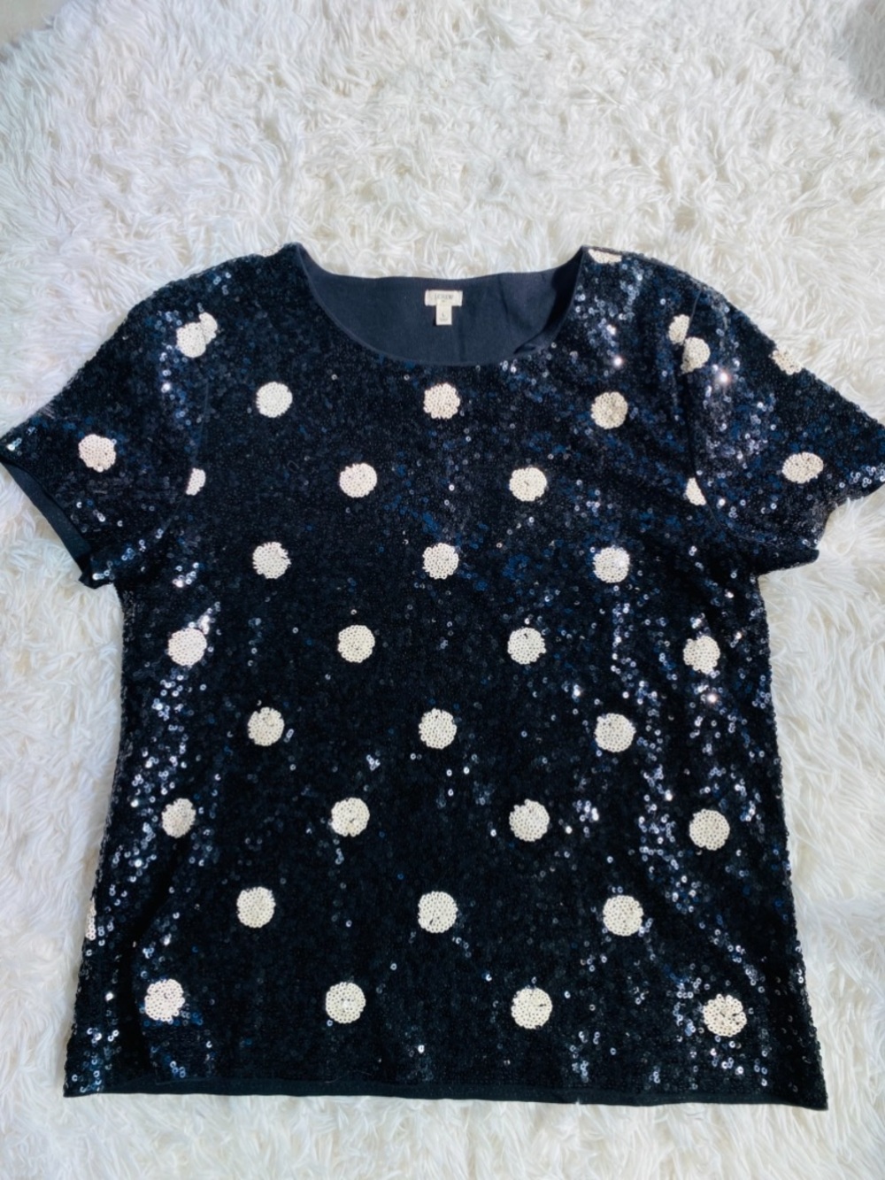 J. Crew Black Sequin Polka Dot Short Sleeve Top Size Large Holiday Party Sparkle